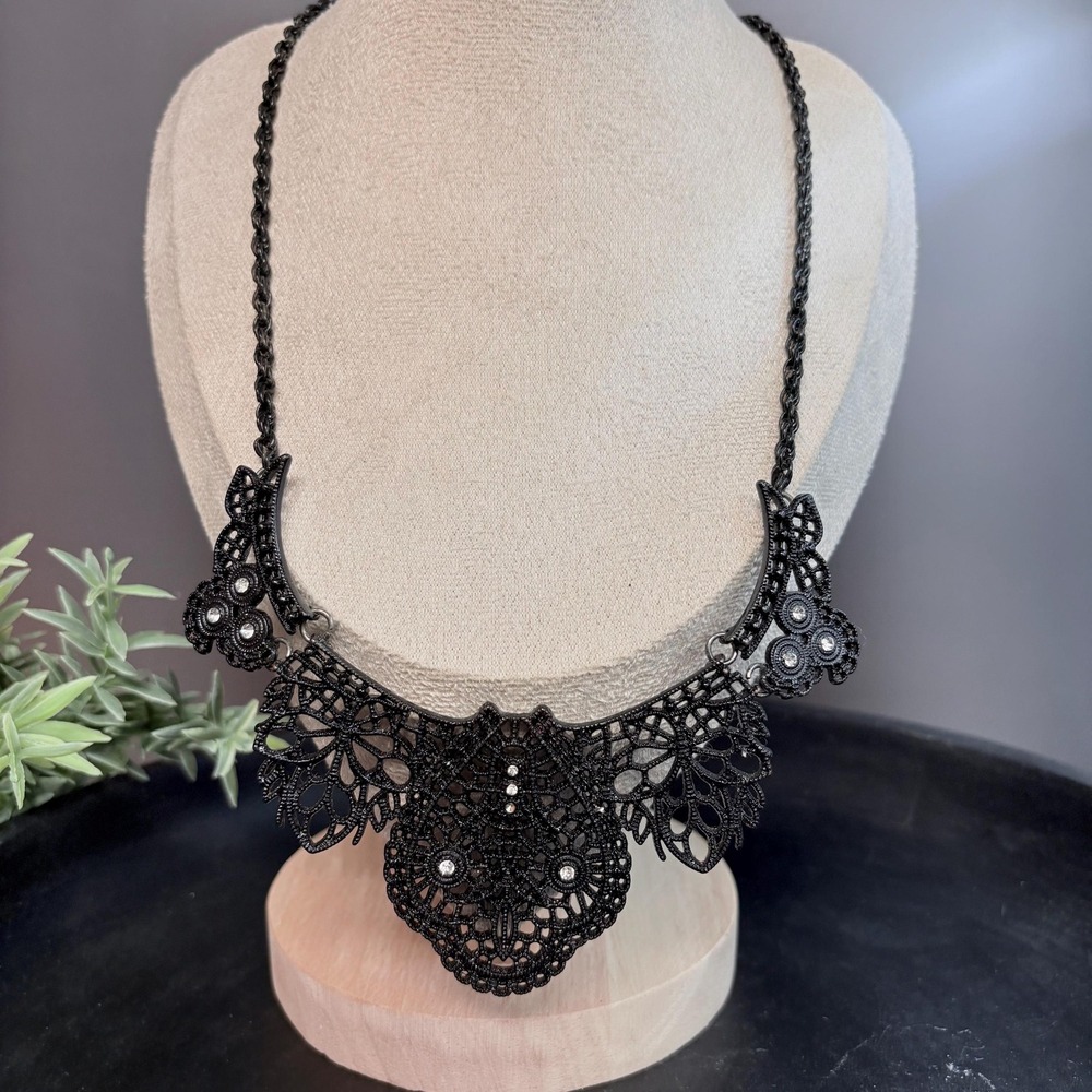 Gothic‎ Owl Statement Necklace 20 In | Black Filigree Bib | Witchy Dark Academia